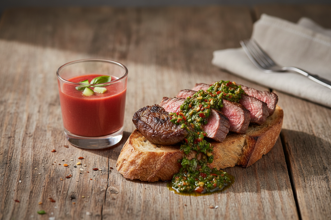 Entrecote auf Röstbrot mit Chimichurri und Gazpacho im Glas